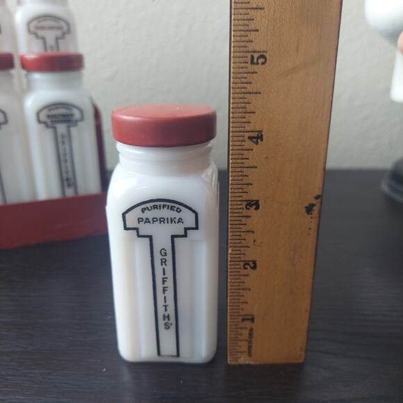 VTG Set Of 8 Original Griffiths Spice Jars ~ Milk Glass With Red Metal Rack - Picture 3 of 16